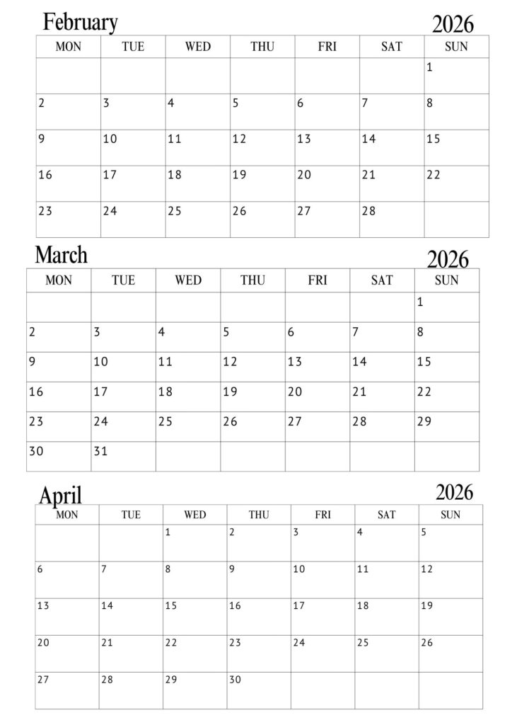 February March April Calendar