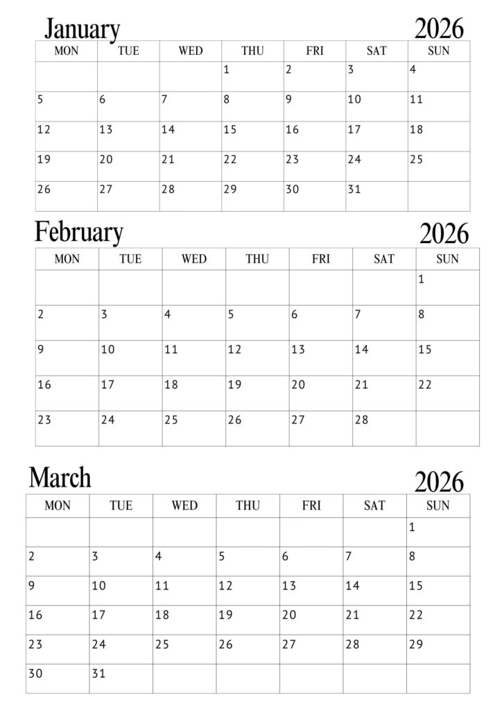January February March Calendar