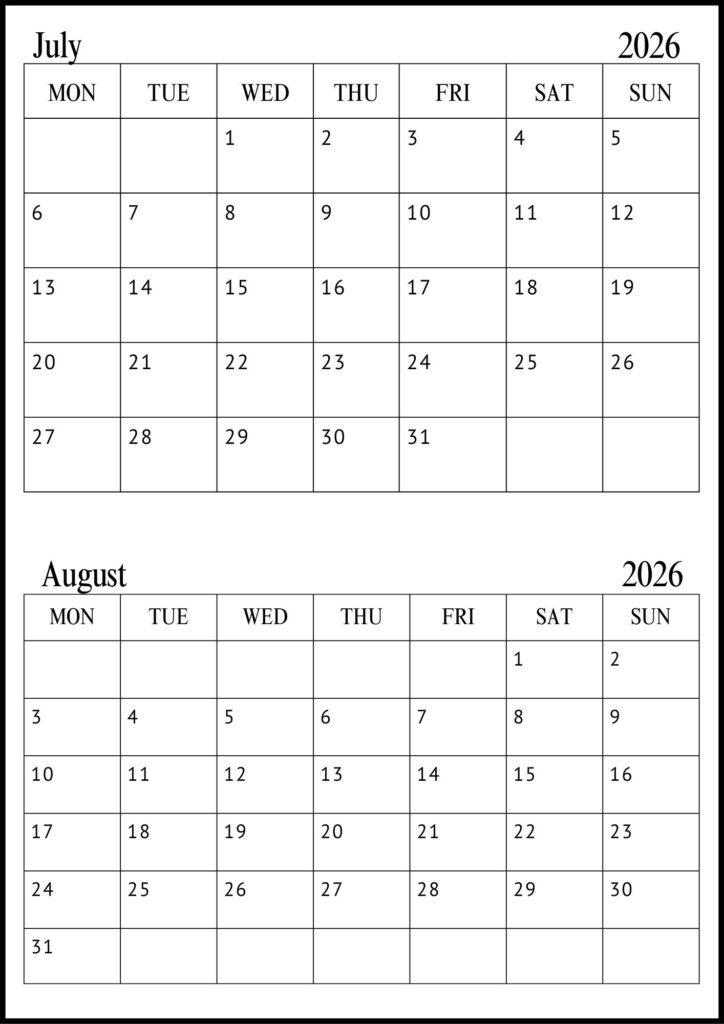 July August Calendar