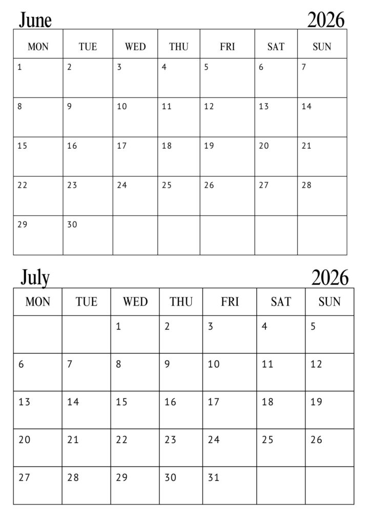 June July Calendar