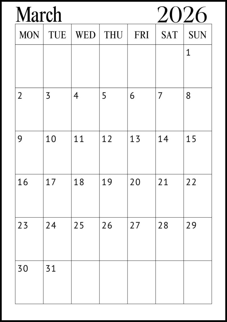 March Calendar with Notes