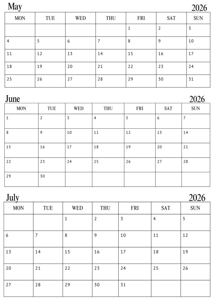 May June July Calendar