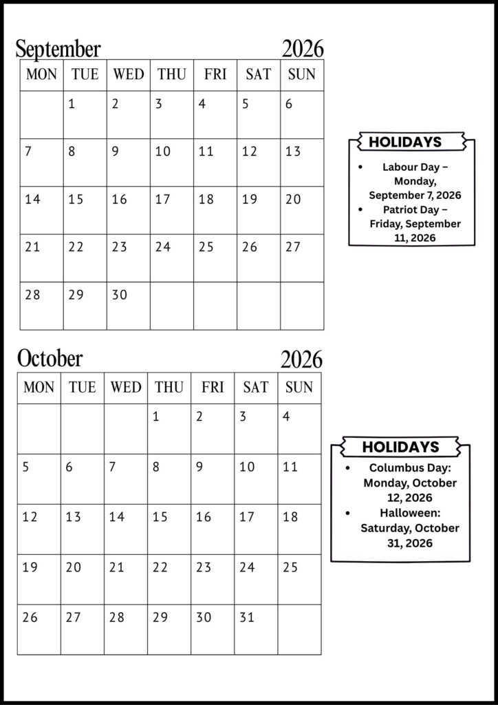 September October Calendar