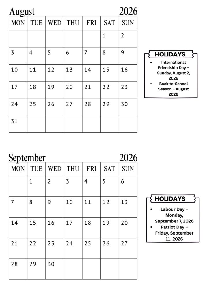 August September Calendar
