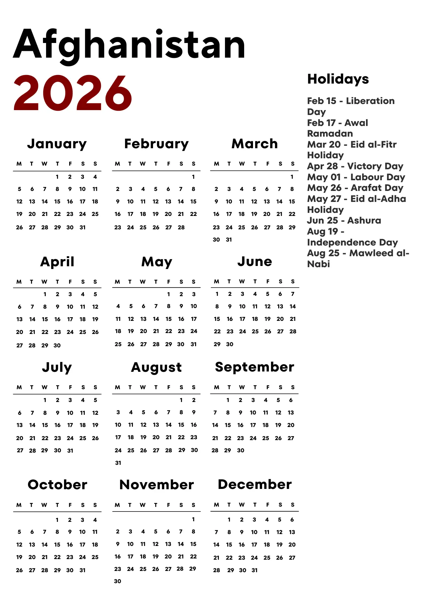 Afghanistan Calendar 2026