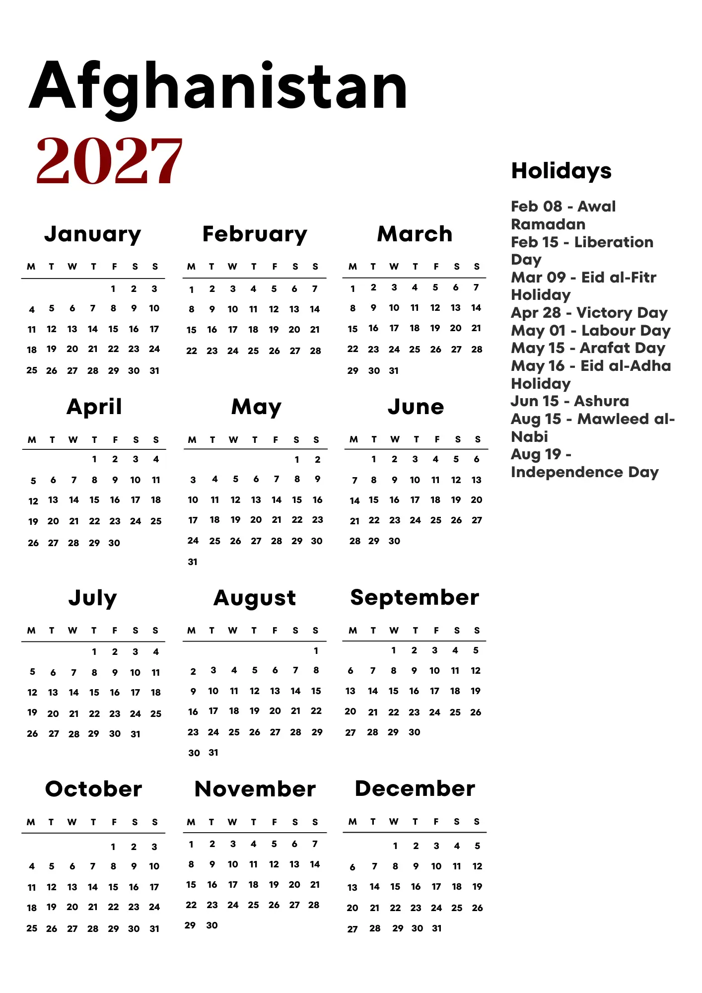 Afghanistan Calendar 2027