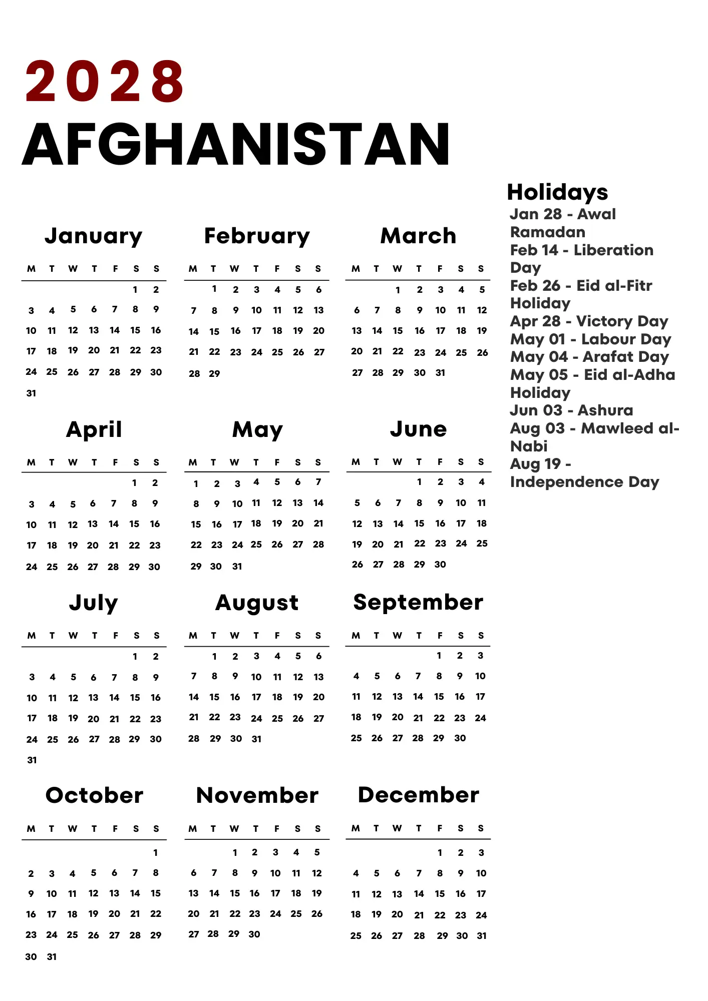 Afghanistan Calendar 2028