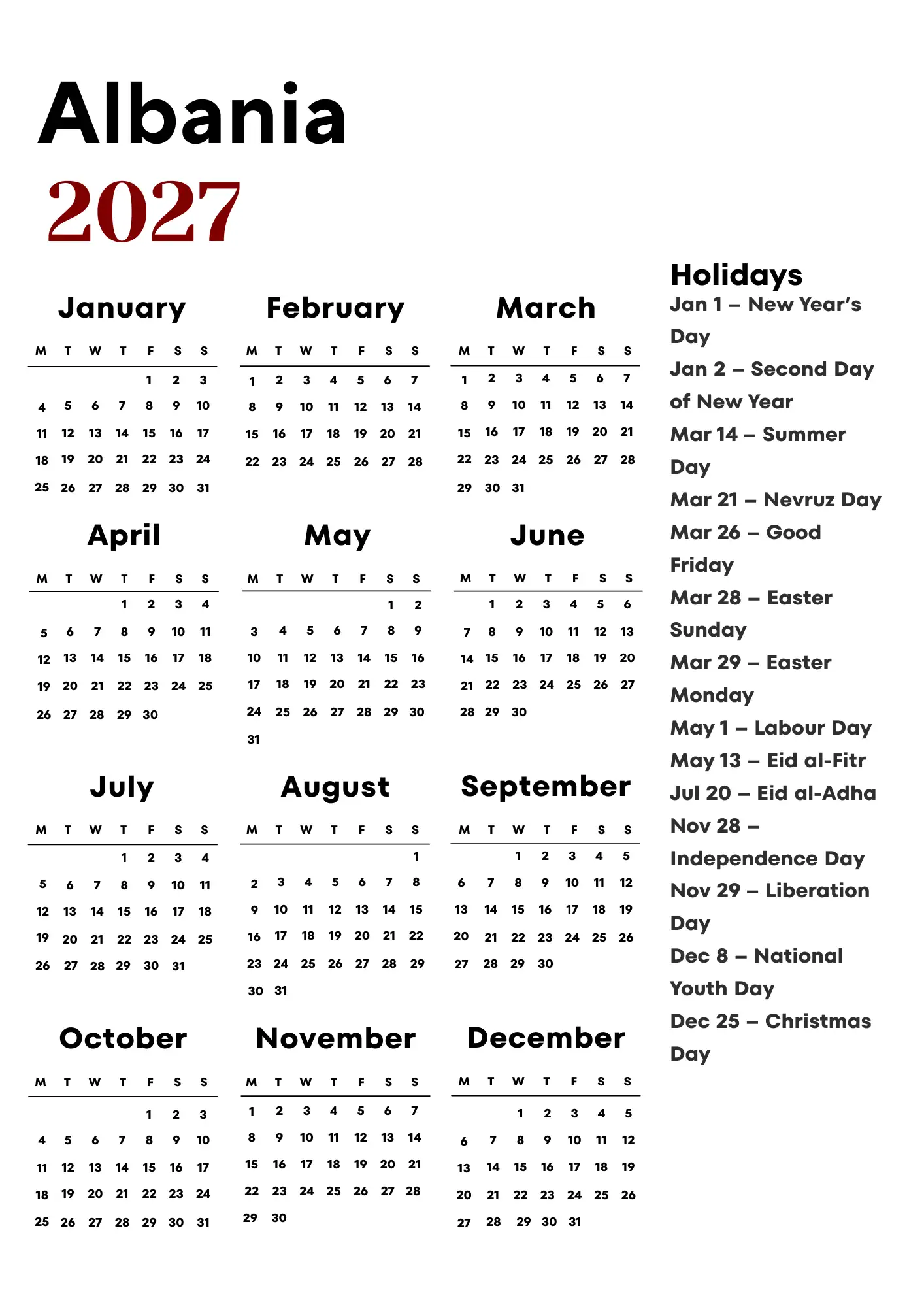 Albania Calendar 2027