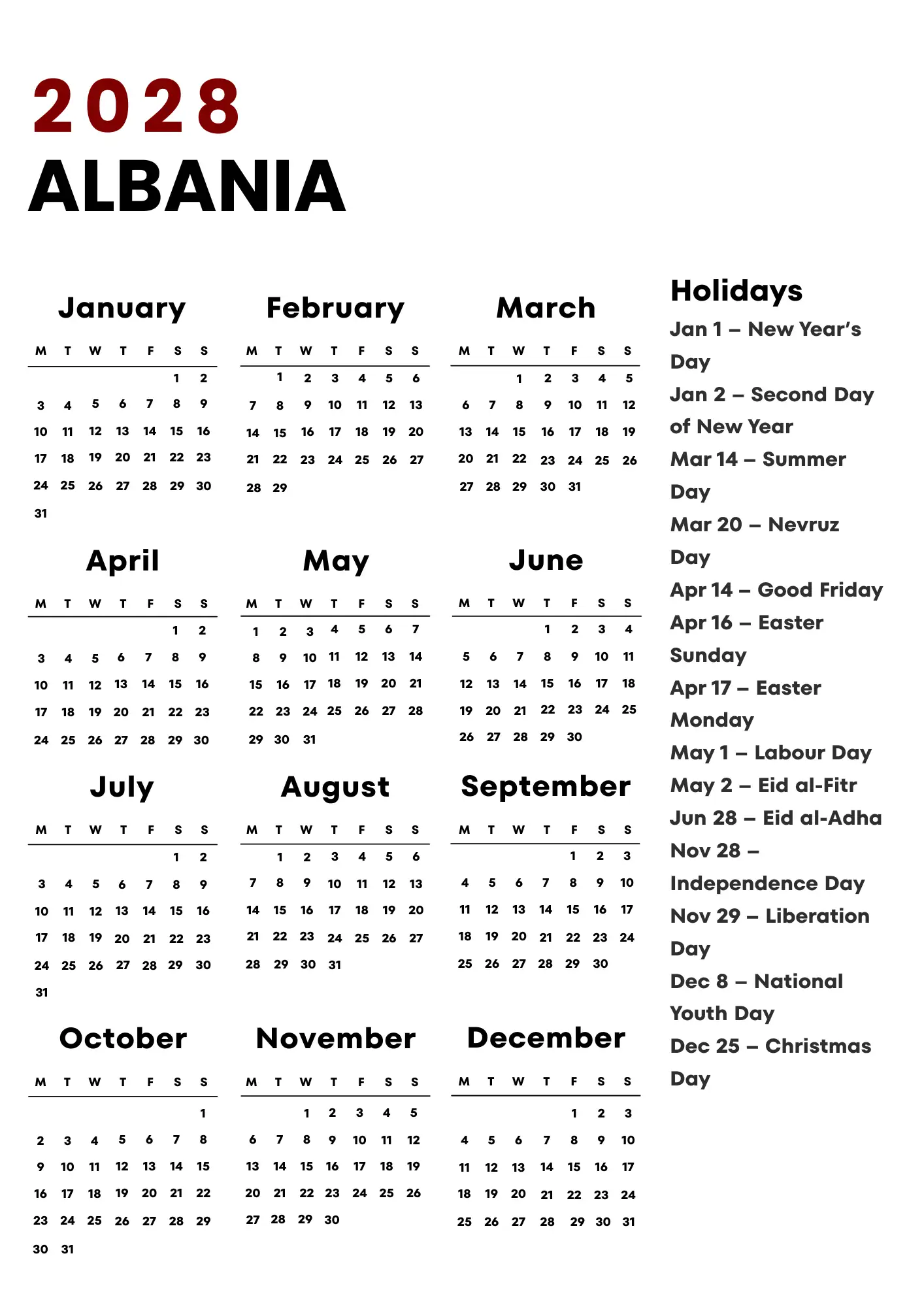 Albania Calendar 2028