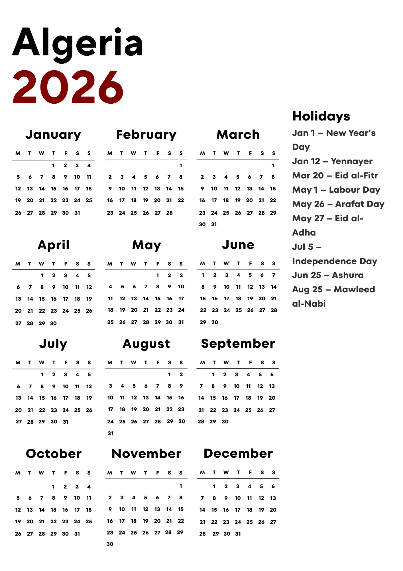 Algeria Calendar 2026