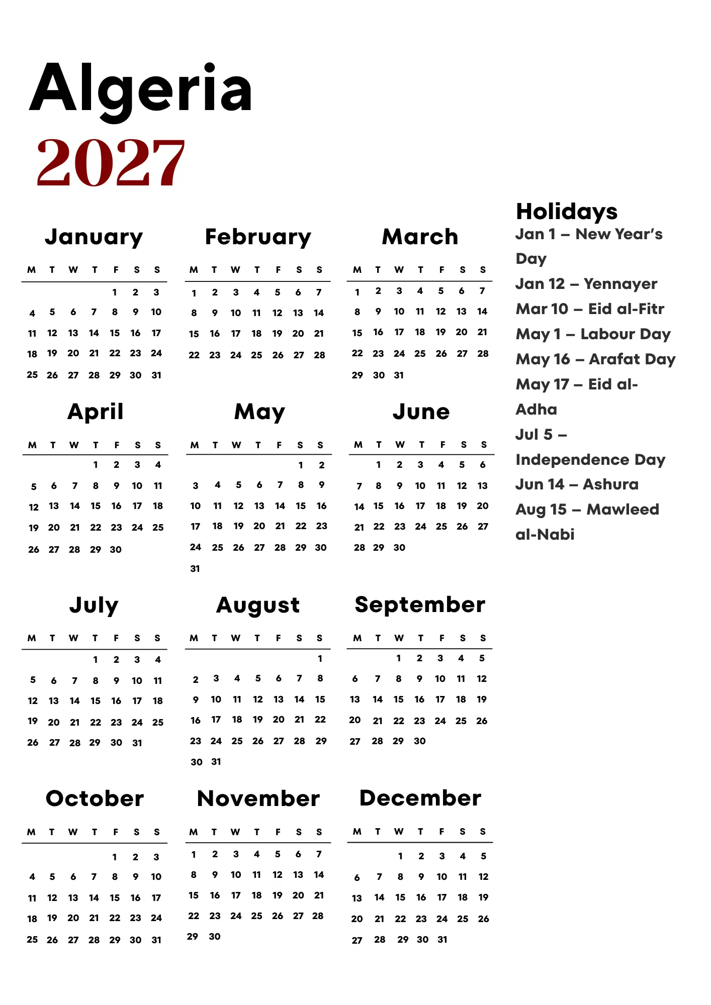 Algeria Calendar 2027