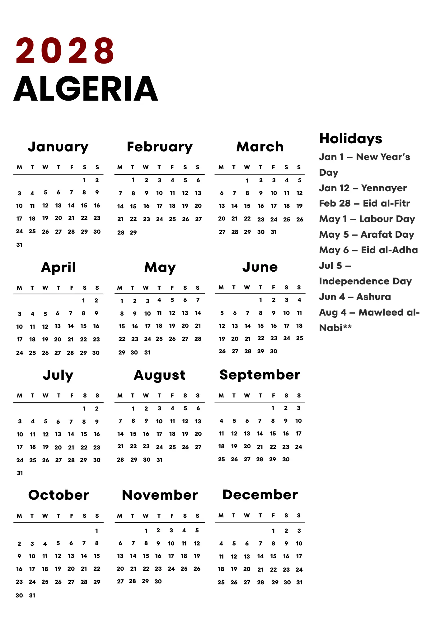 Algeria Calendar 2028