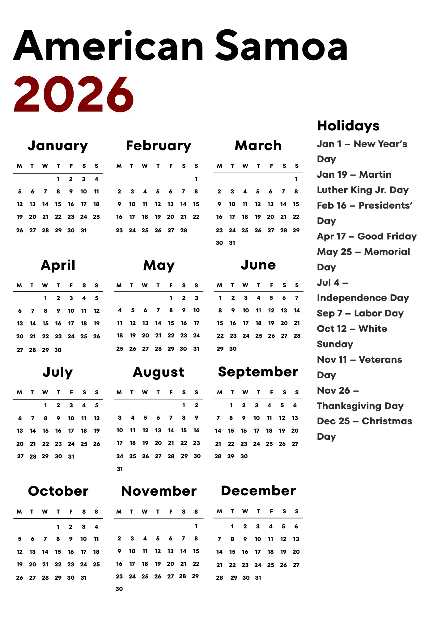 American Samoa Calendar 2026