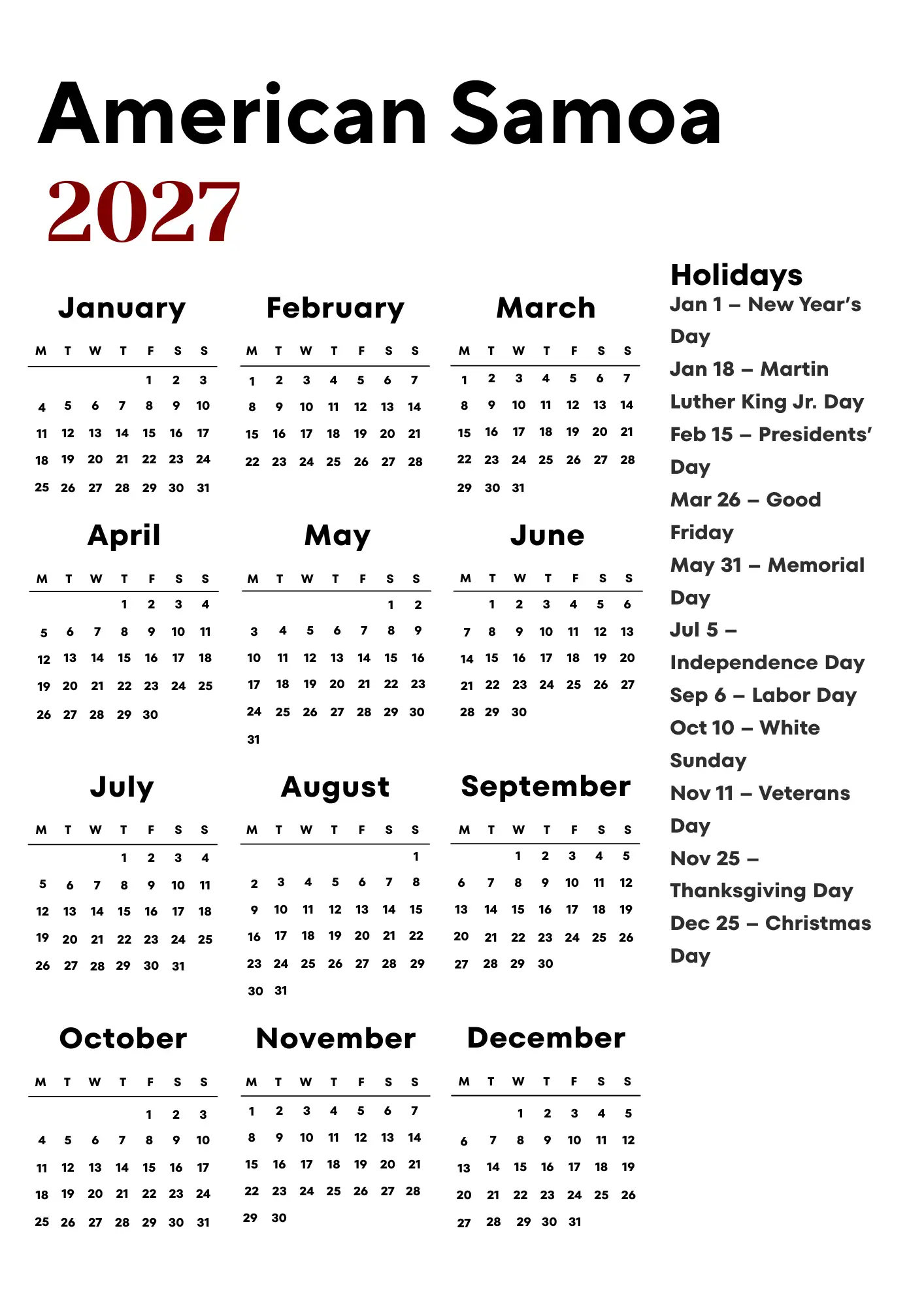 American Samoa Calendar 2027