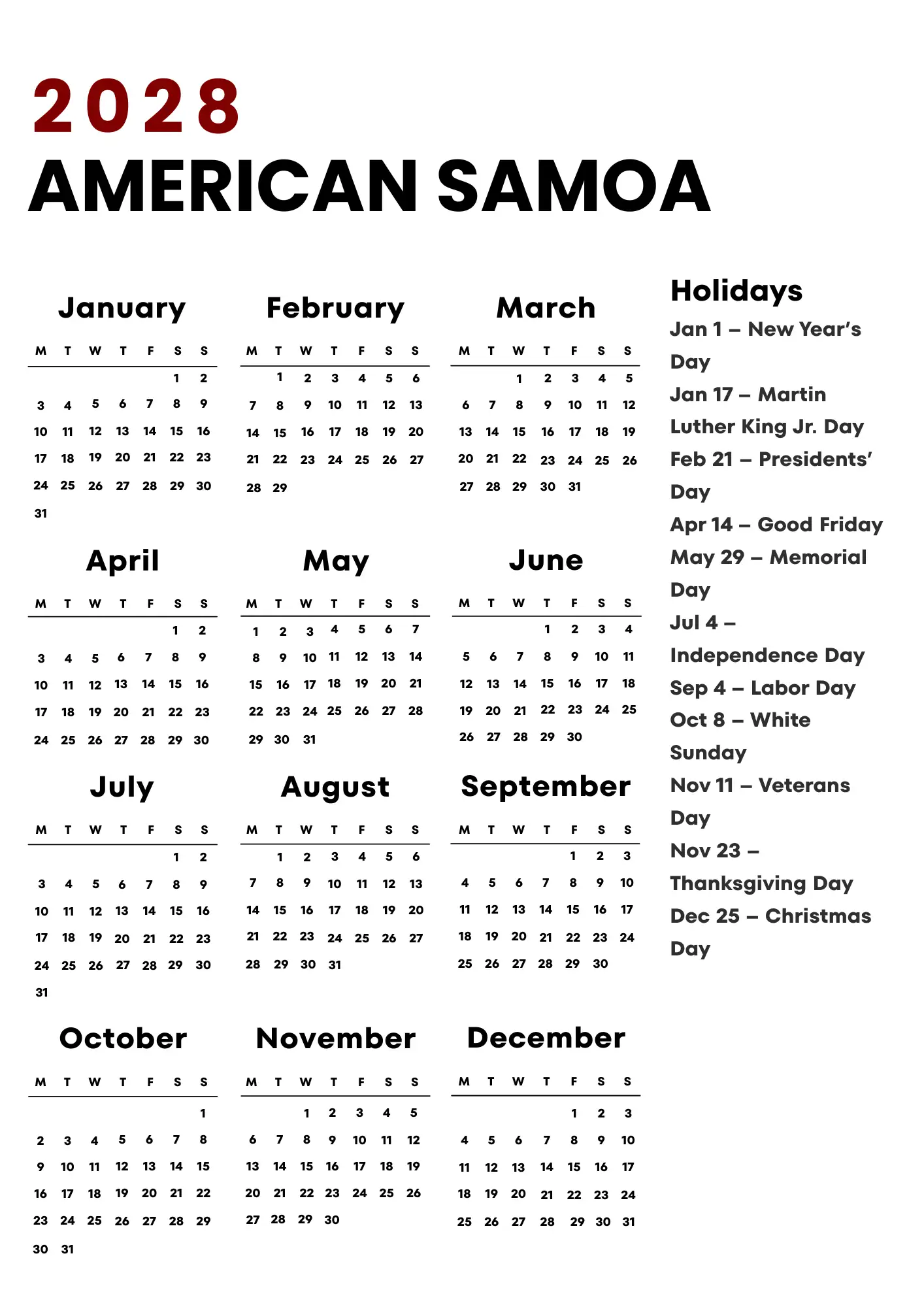 American Samoa Calendar 2028