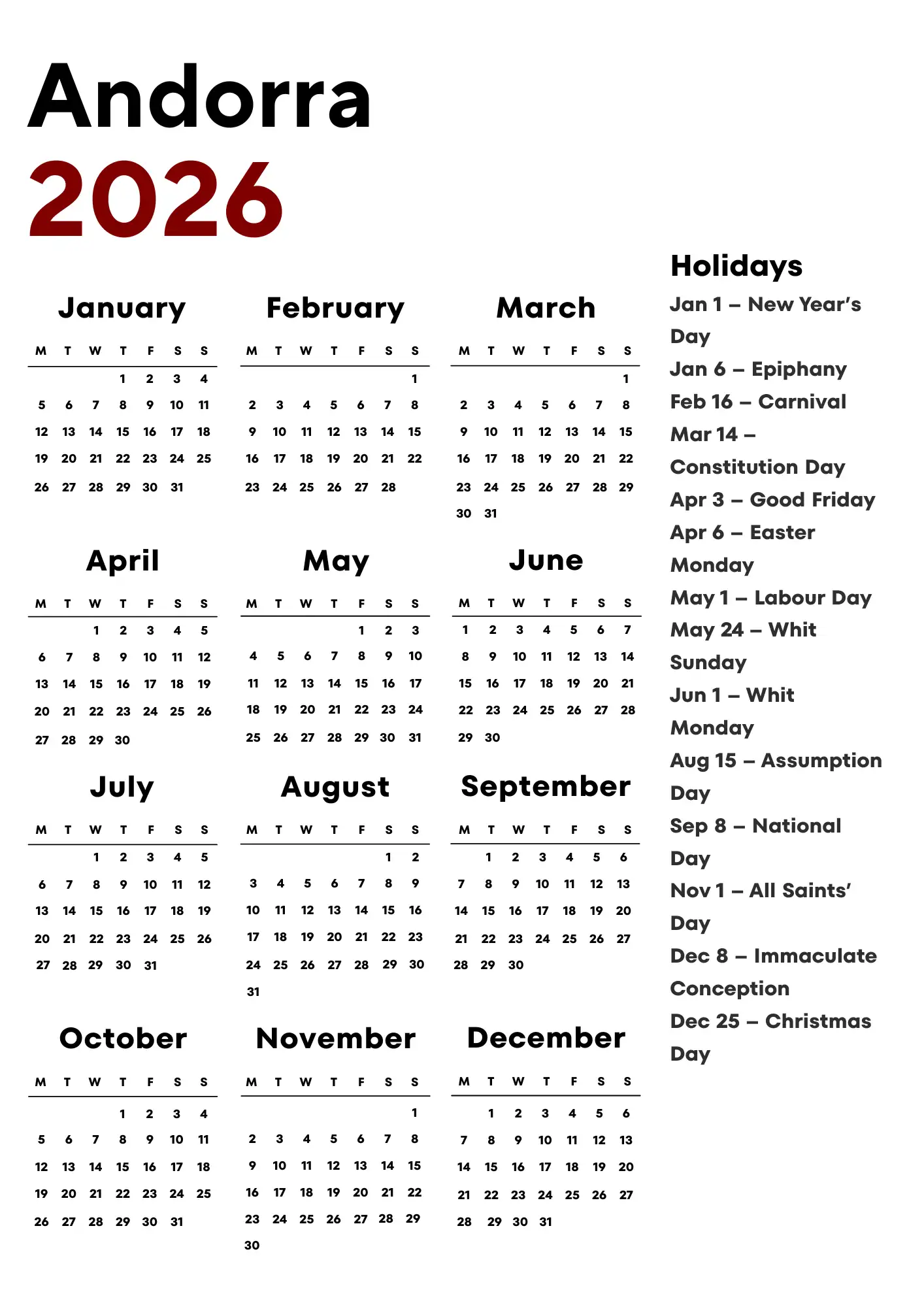 Andorra Calendar 2026