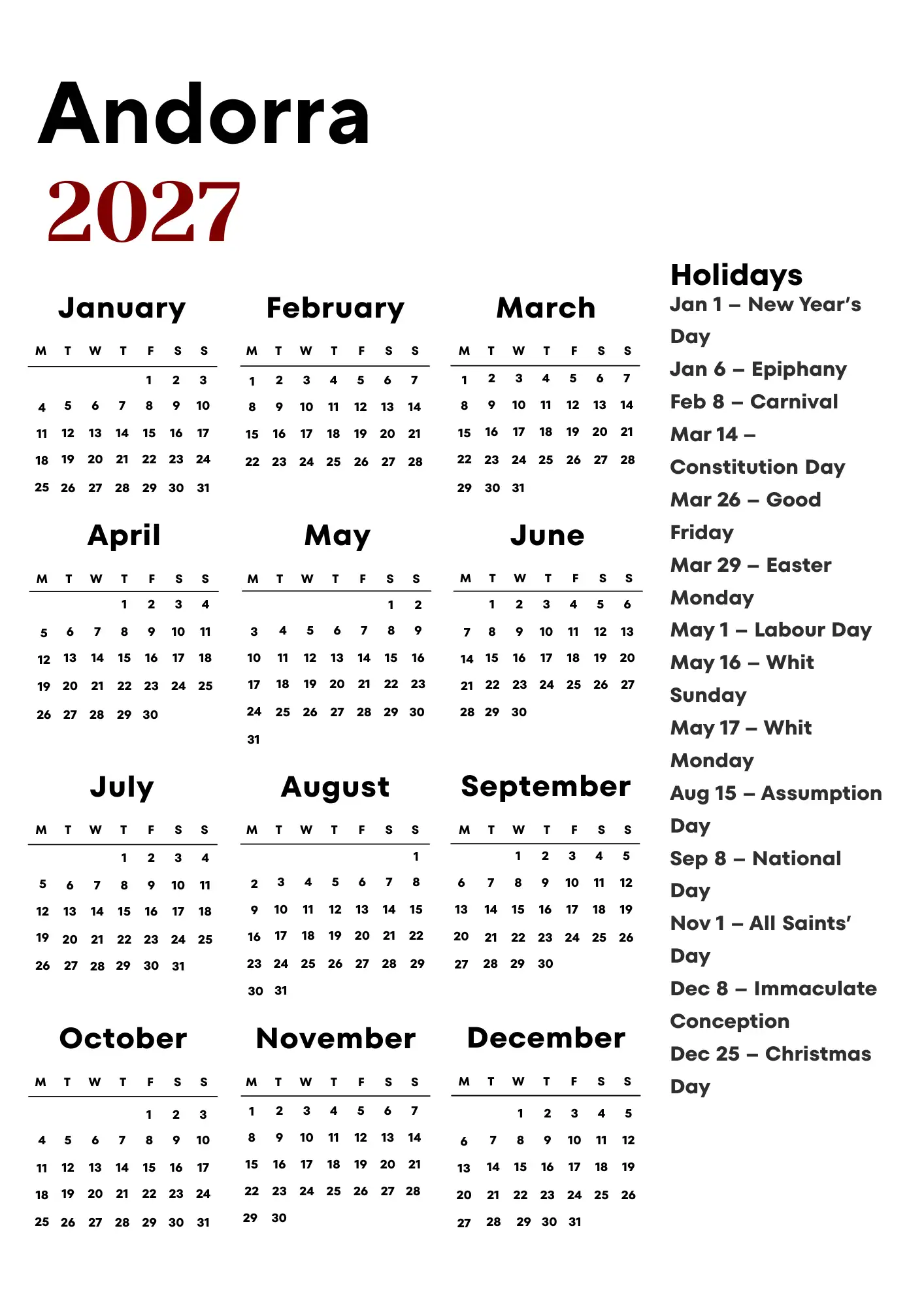 Andorra Calendar 2027