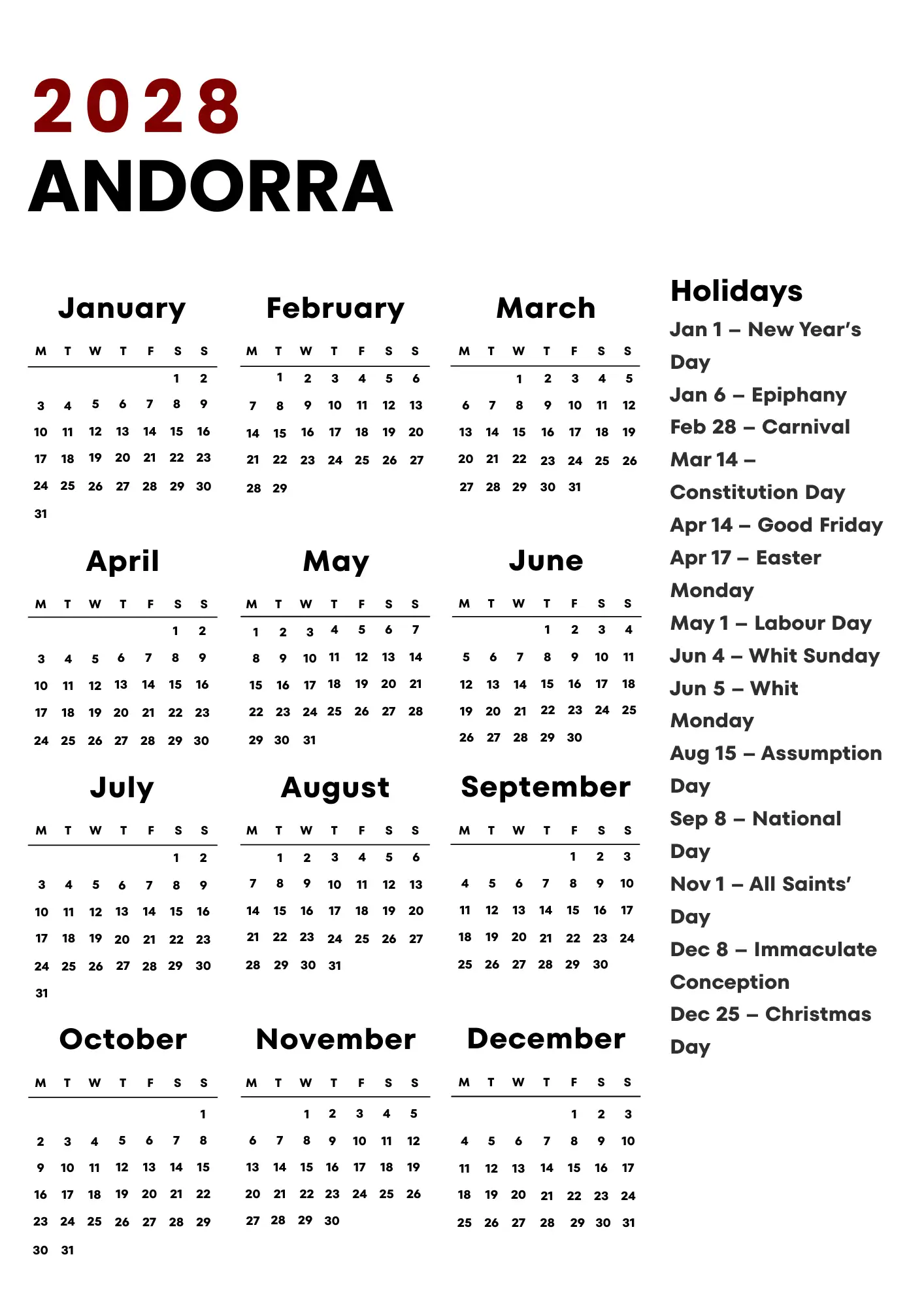 Andorra Calendar 2028