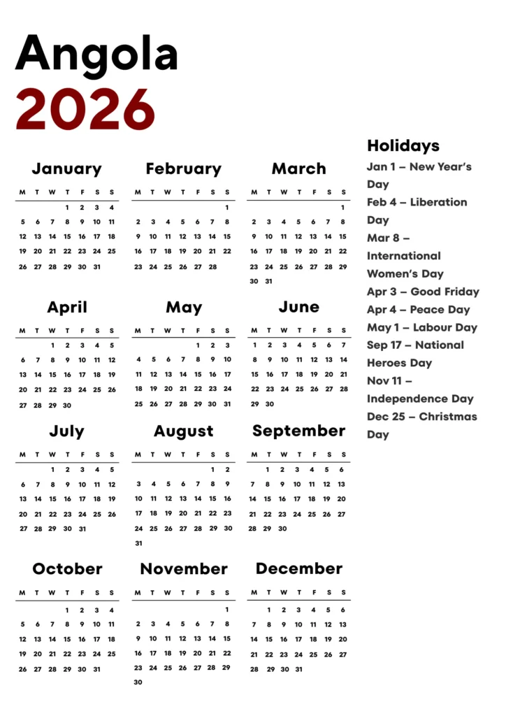 Angola Calendar 2026
