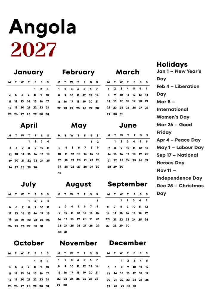 Angola Calendar 2027