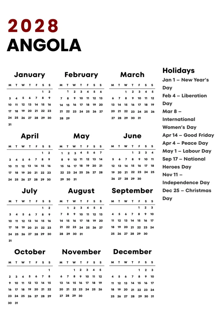 Angola Calendar 2028