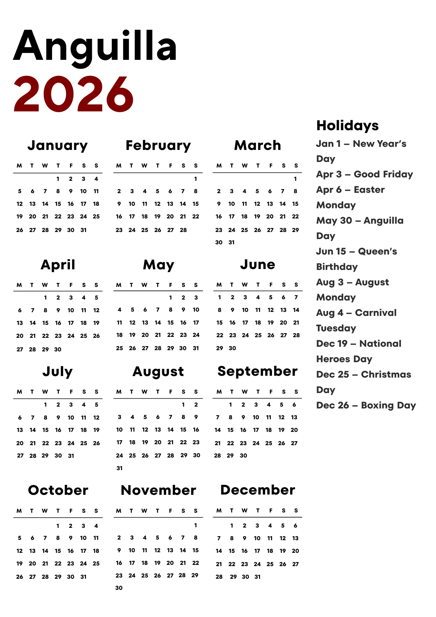 Anguilla Calendar 2026