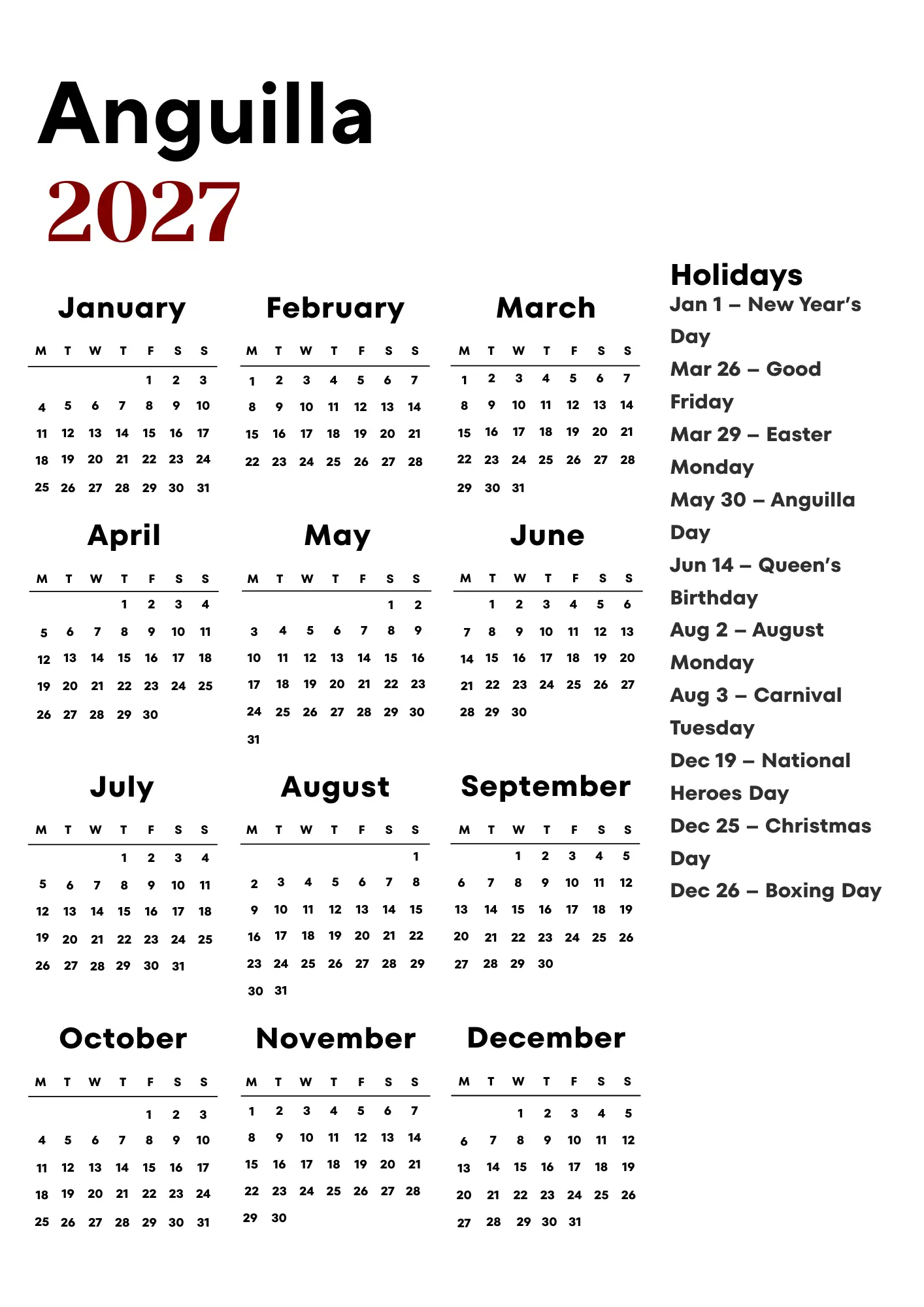 Anguilla Calendar 2027