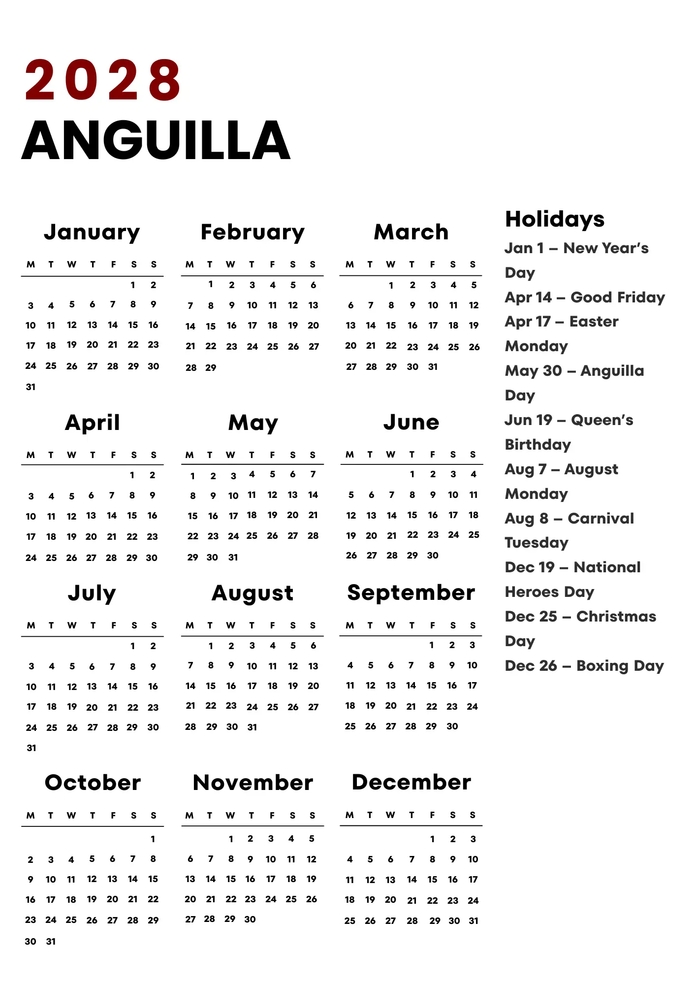 Anguilla Calendar 2028