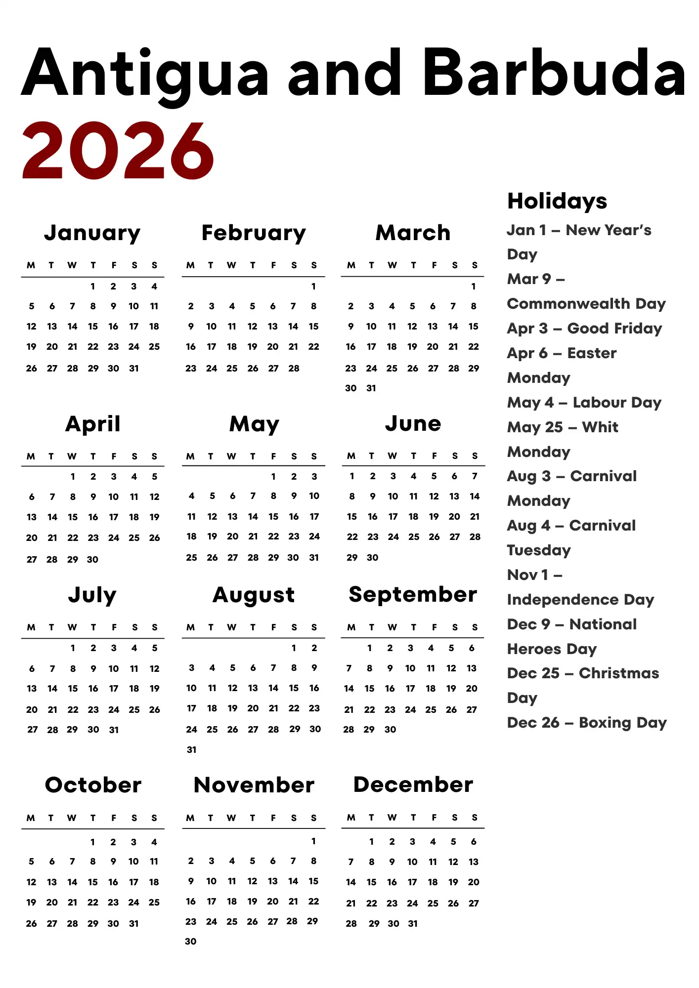 Antigua and Barbuda Calendar 2026