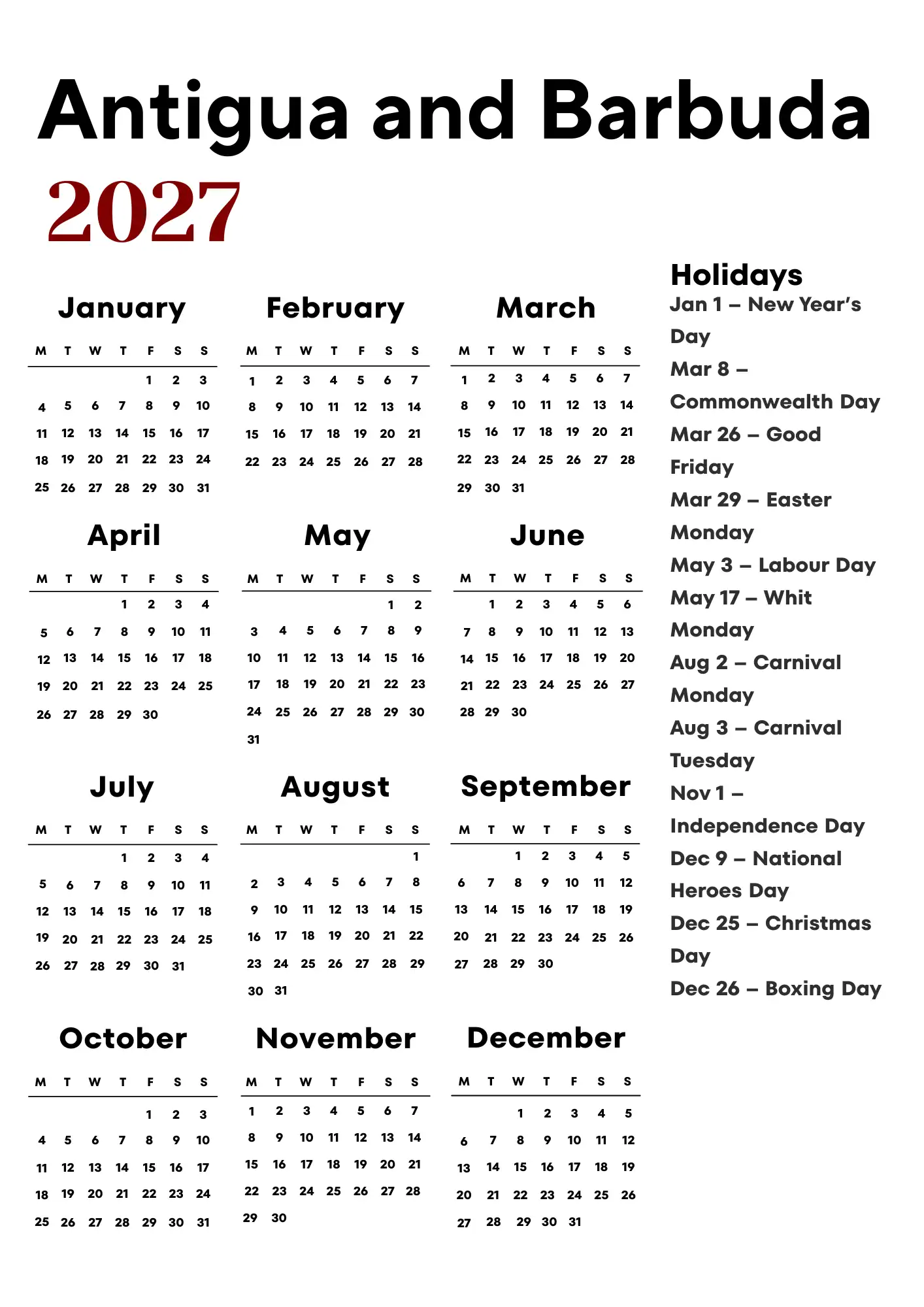 Antigua and Barbuda Calendar 2027