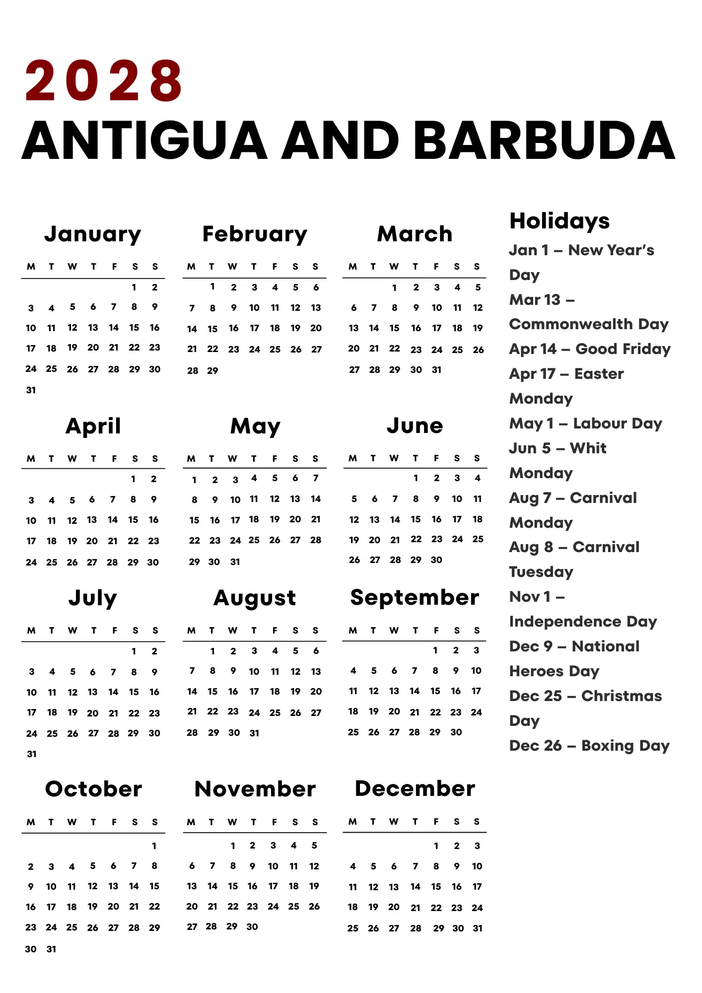 Antigua and Barbuda Calendar 2028