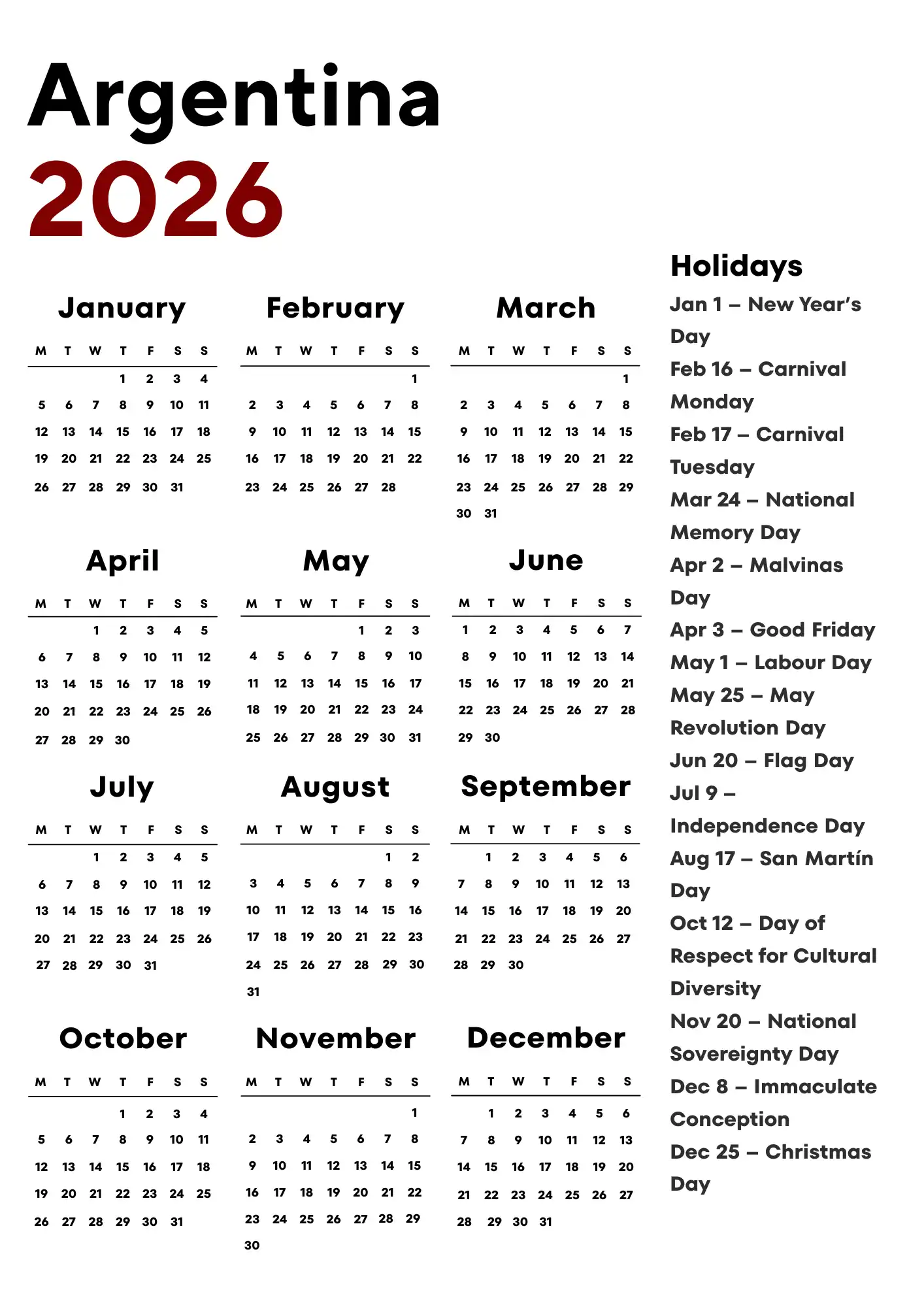 Argentina Calendar 2026