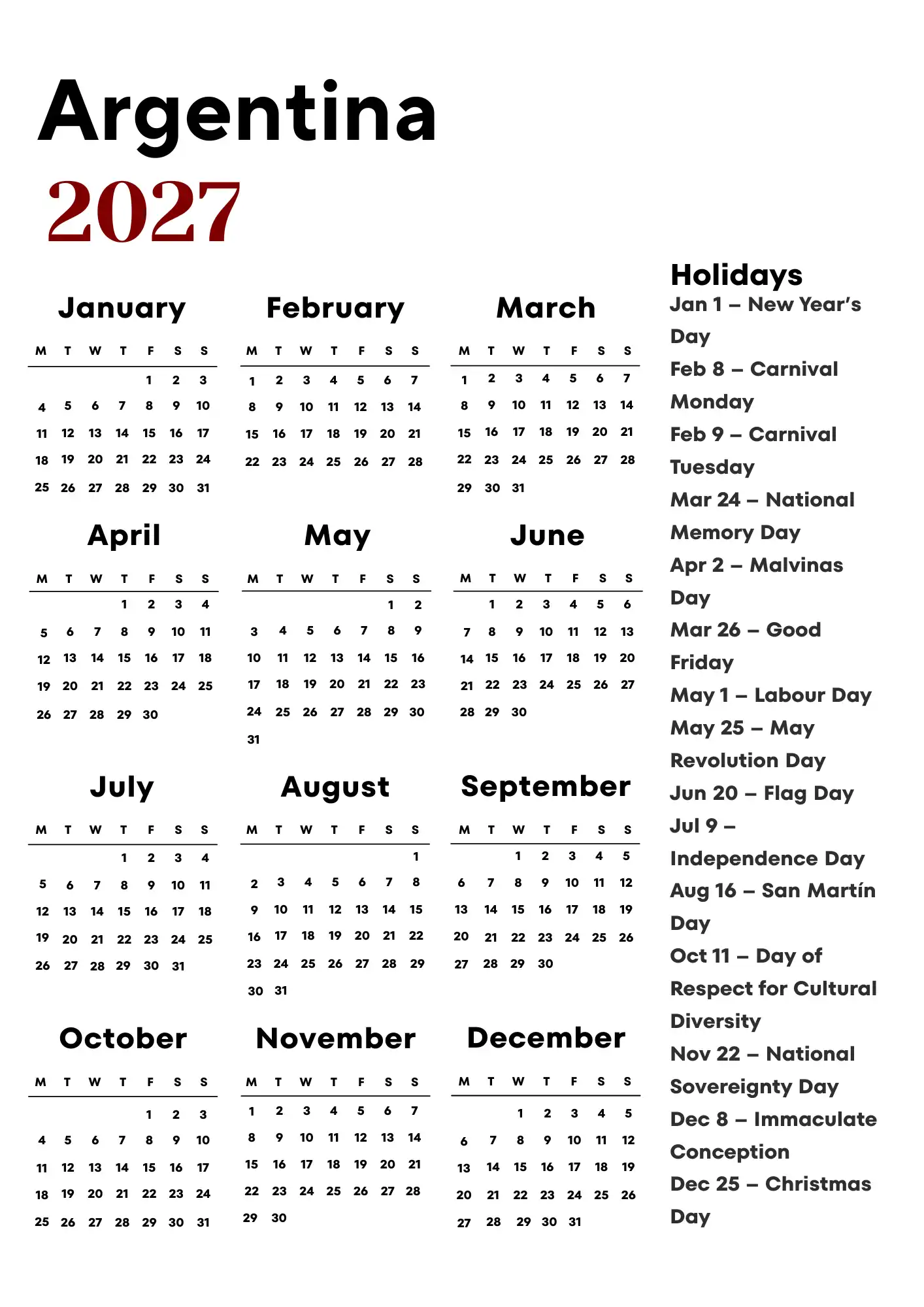 Argentina Calendar 2027