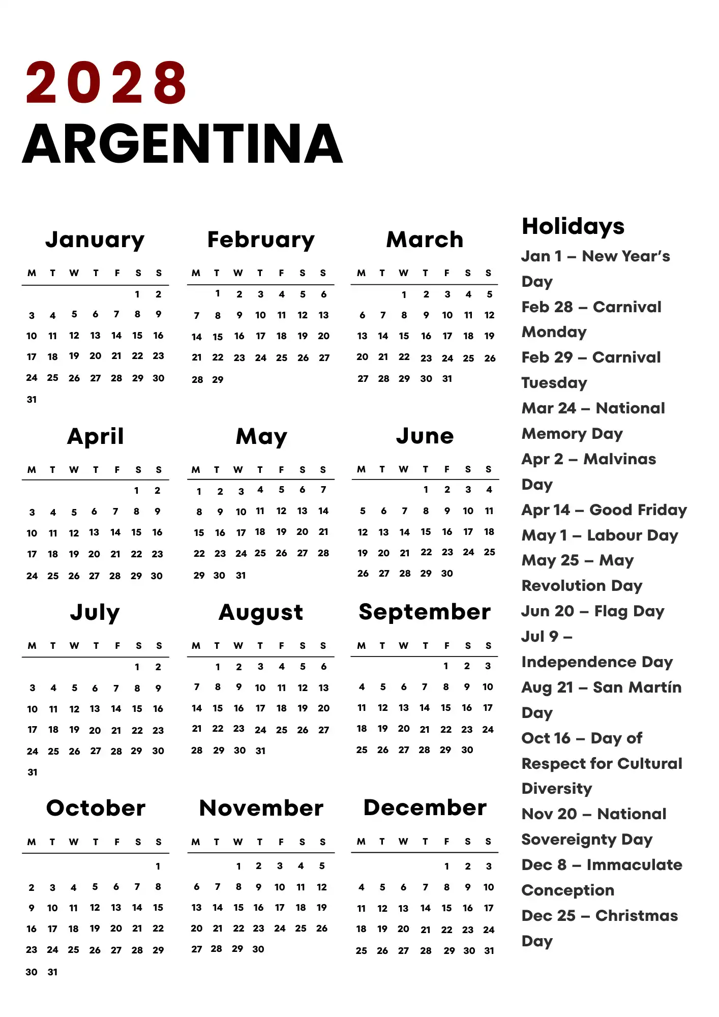 Argentina Calendar 2028
