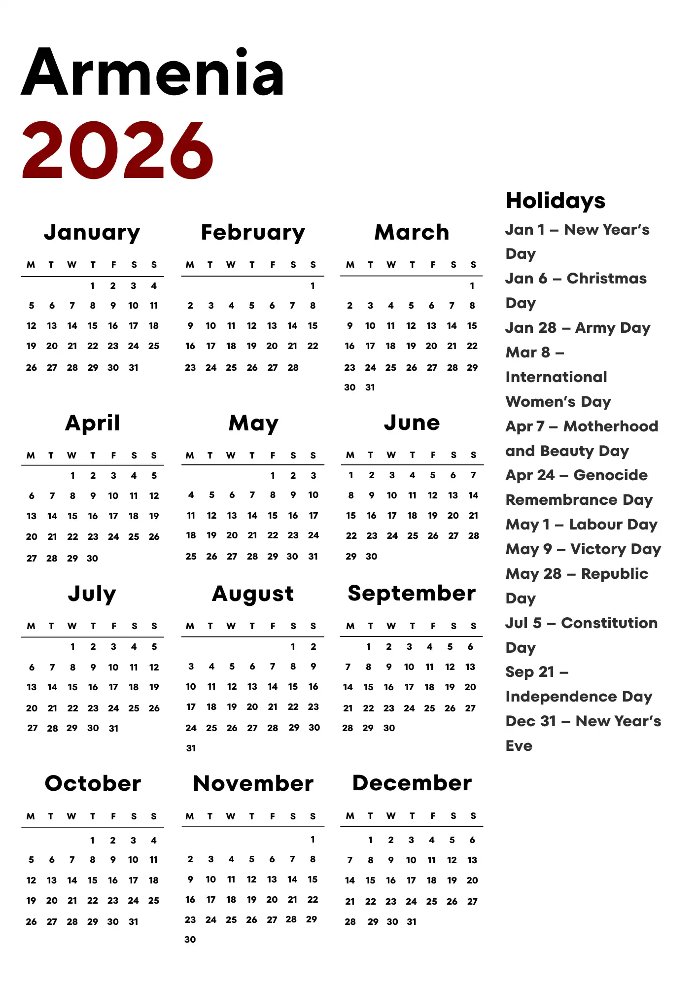 Armenia Calendar 2026