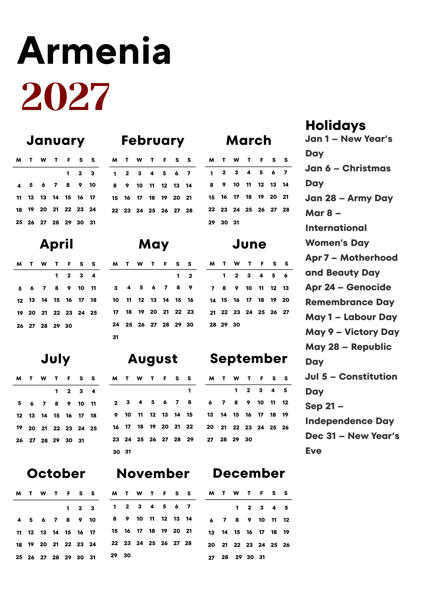 Armenia Calendar 2027