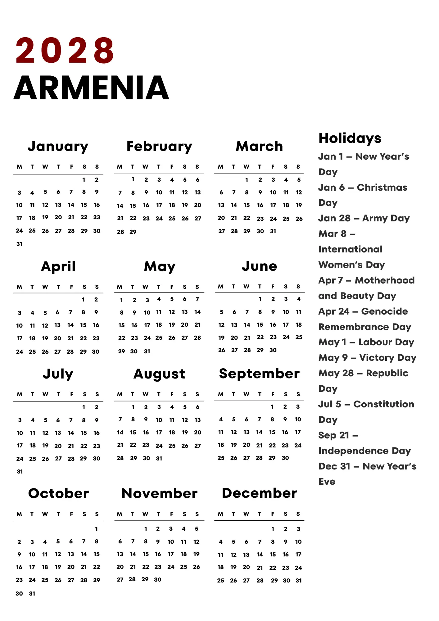 Armenia Calendar 2028