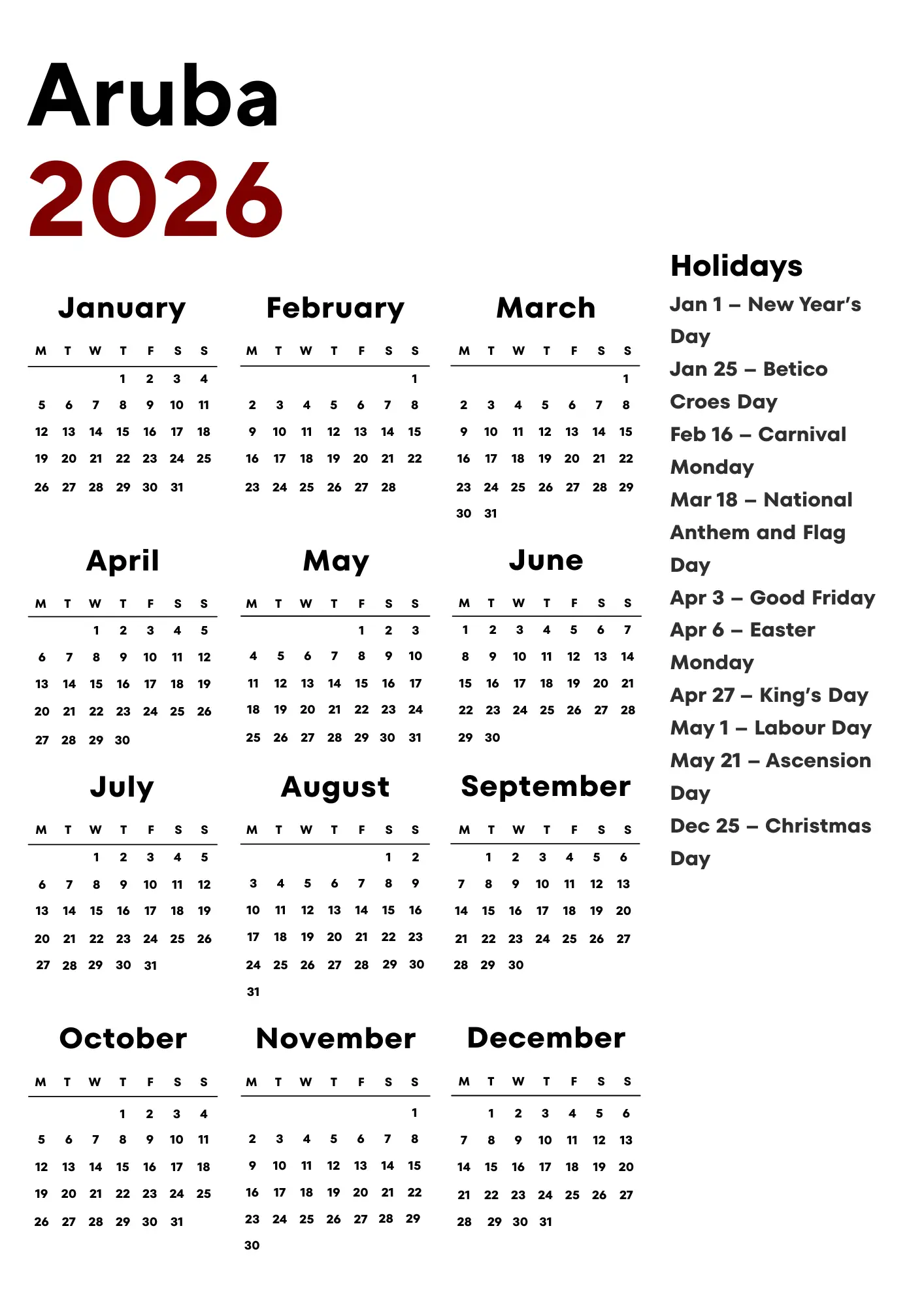 Aruba Calendar 2026