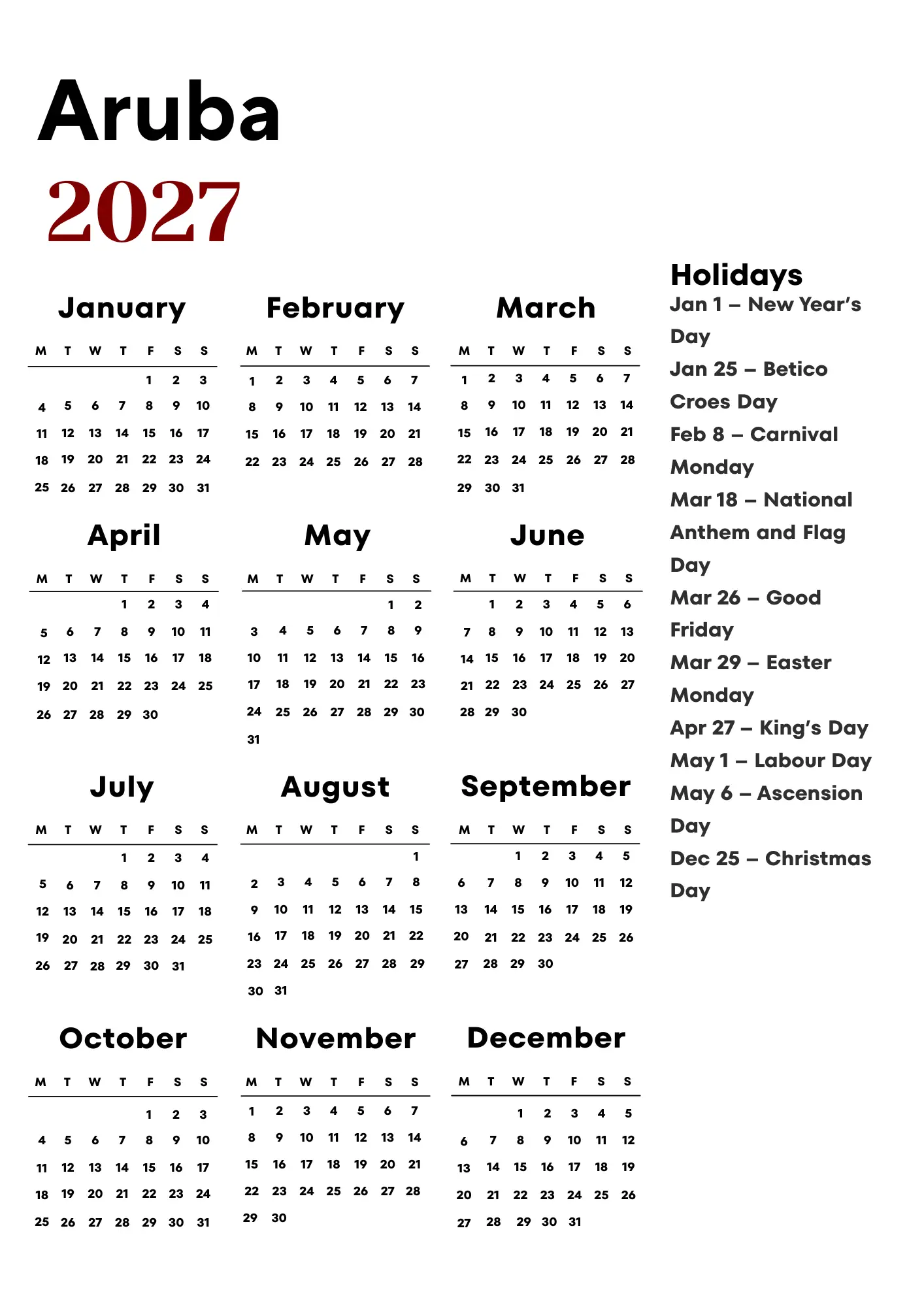 Aruba Calendar 2027