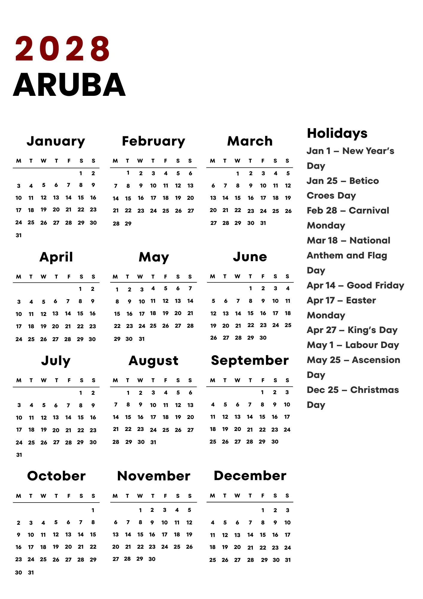 Aruba Calendar 2028