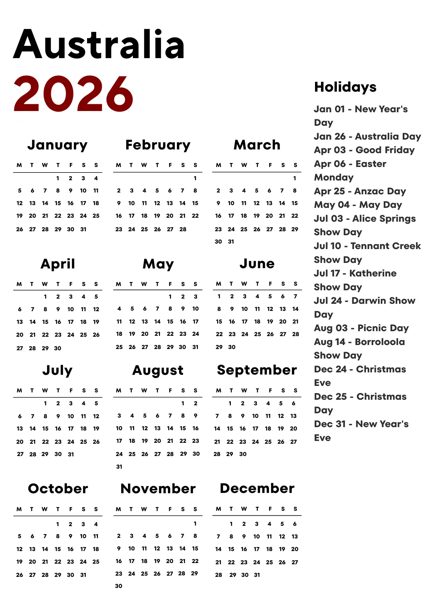 Australia Calendar 2026