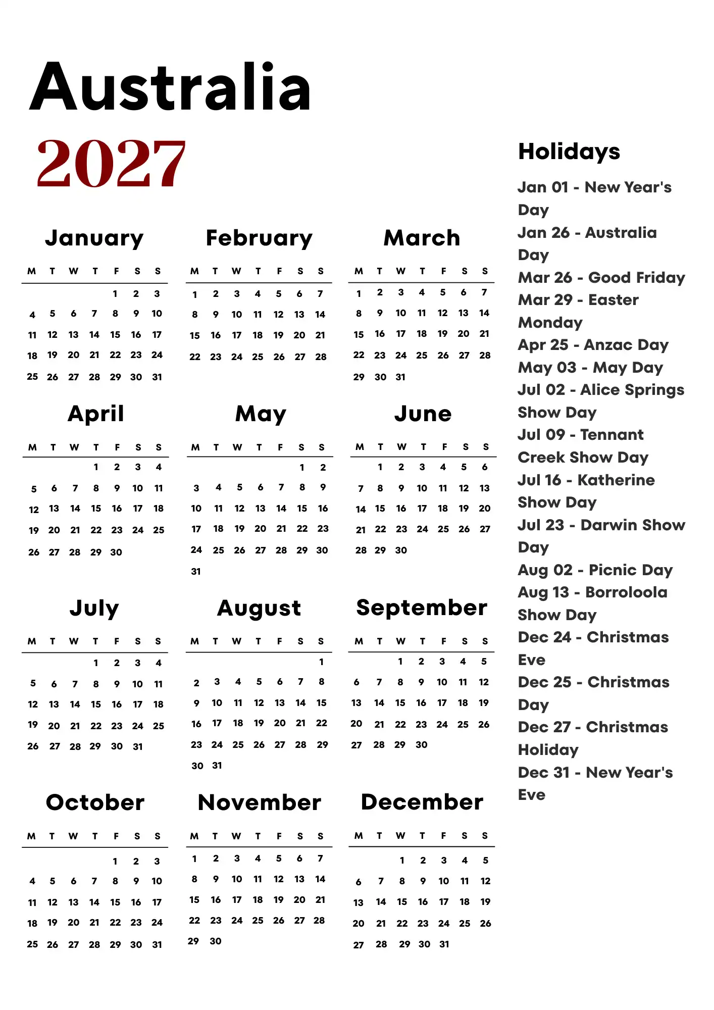 Australia Calendar 2027