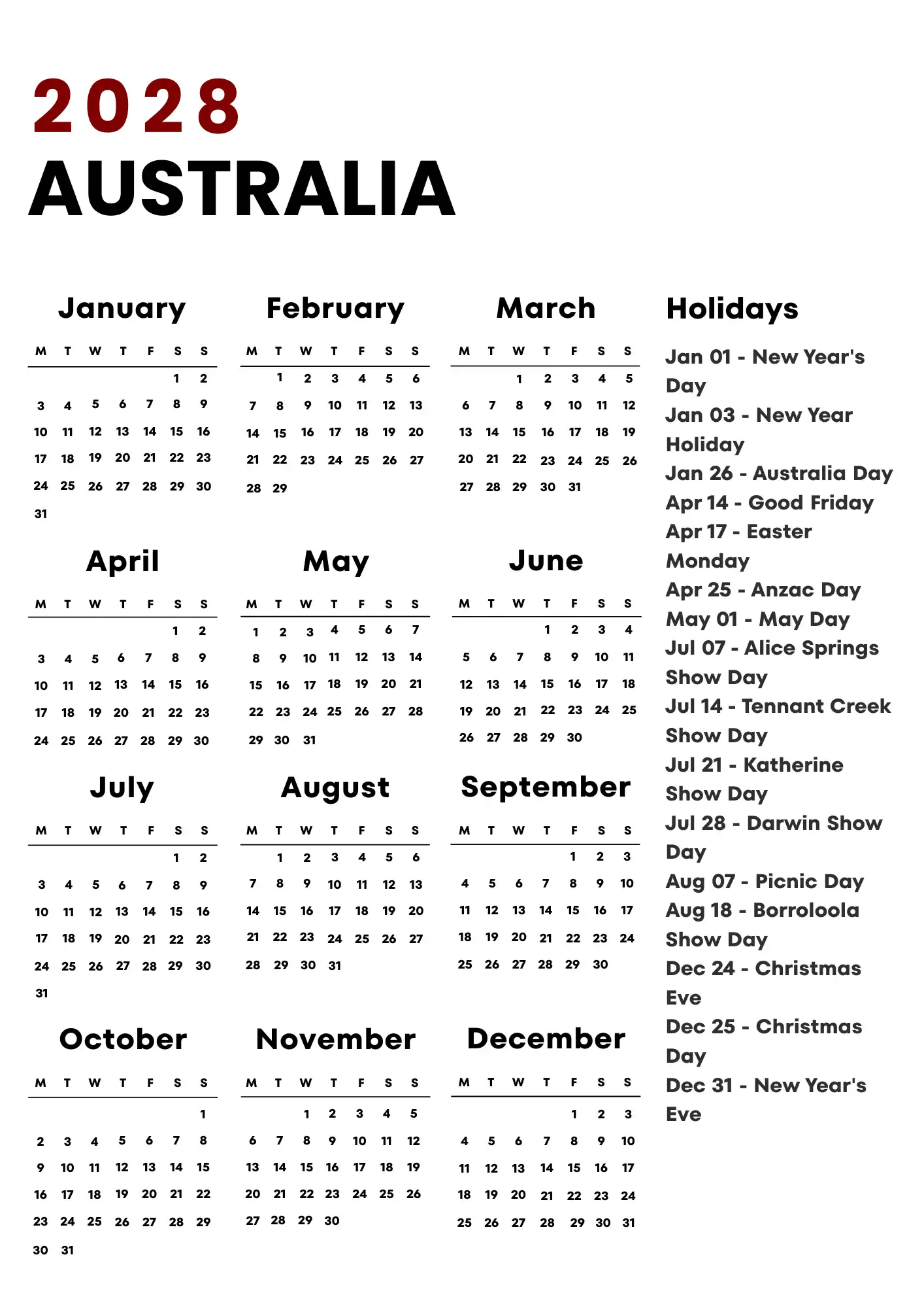 Australia Calendar 2028