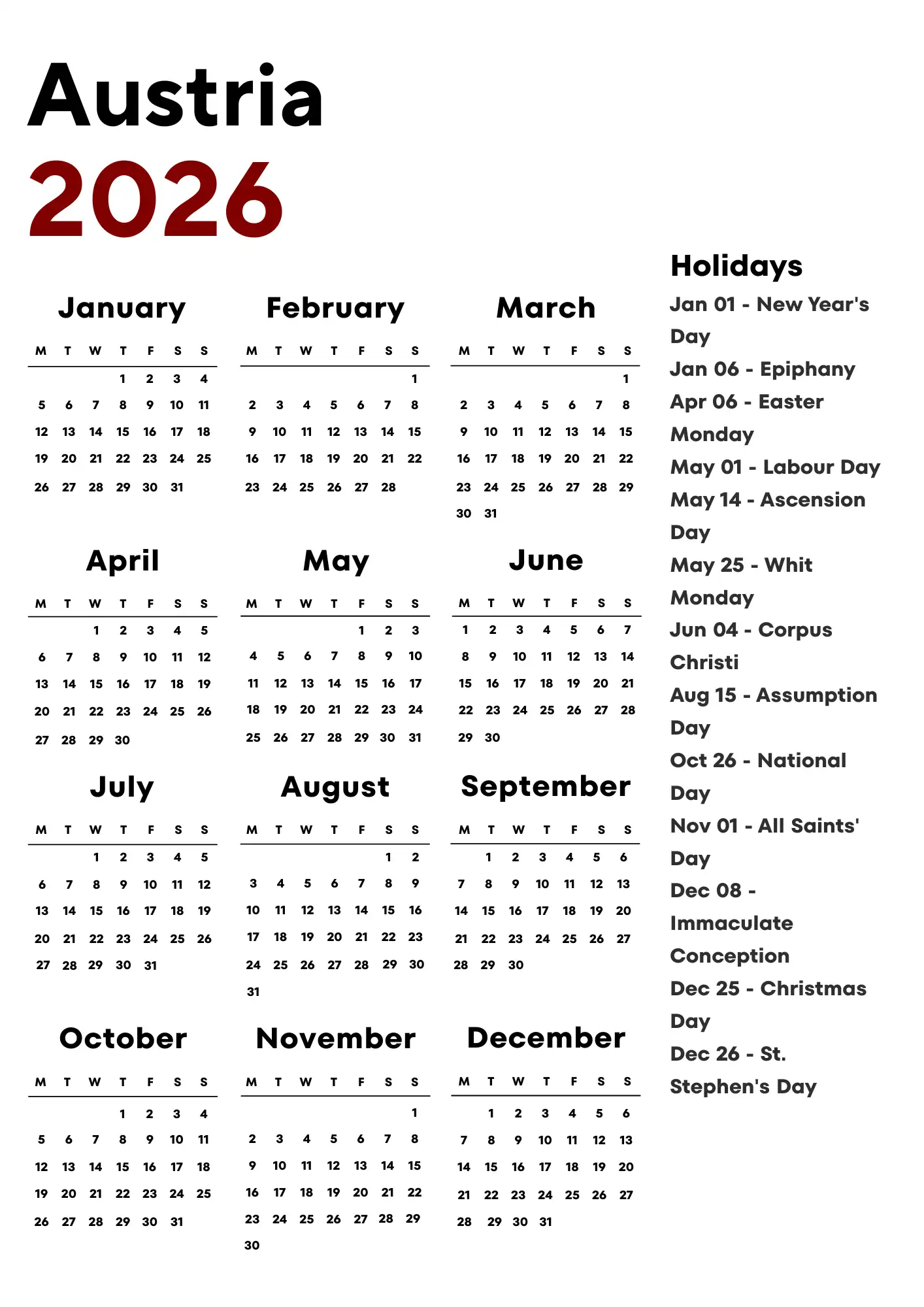 Austria Calendar 2026