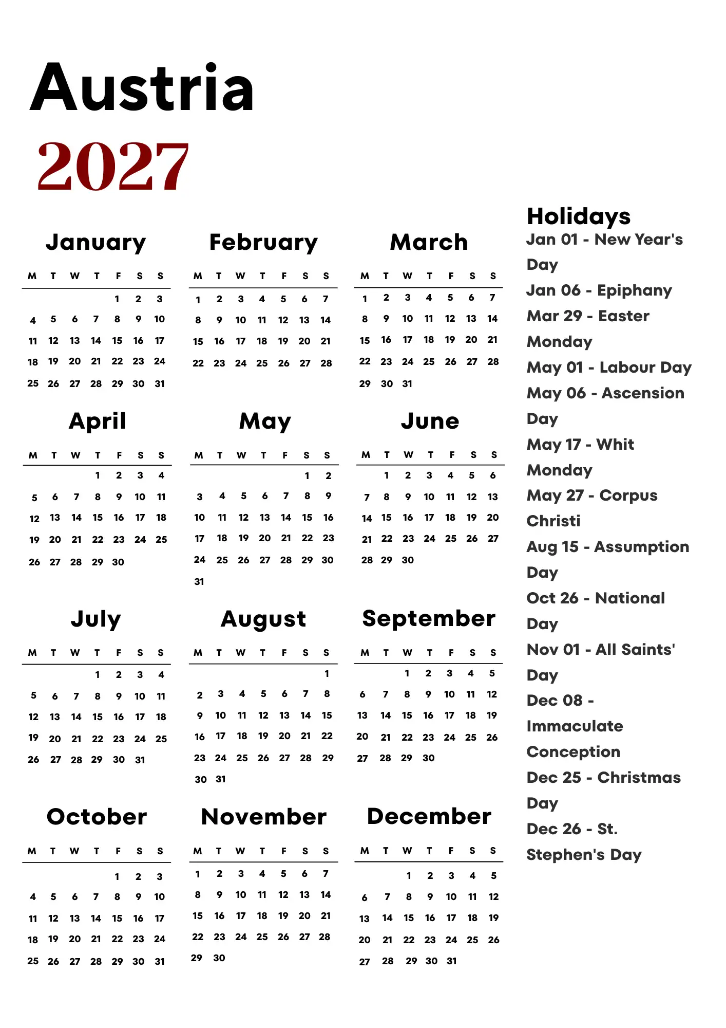 Austria Calendar 2027