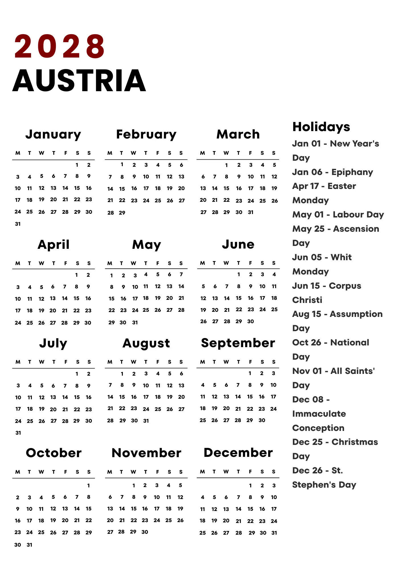 Austria Calendar 2028