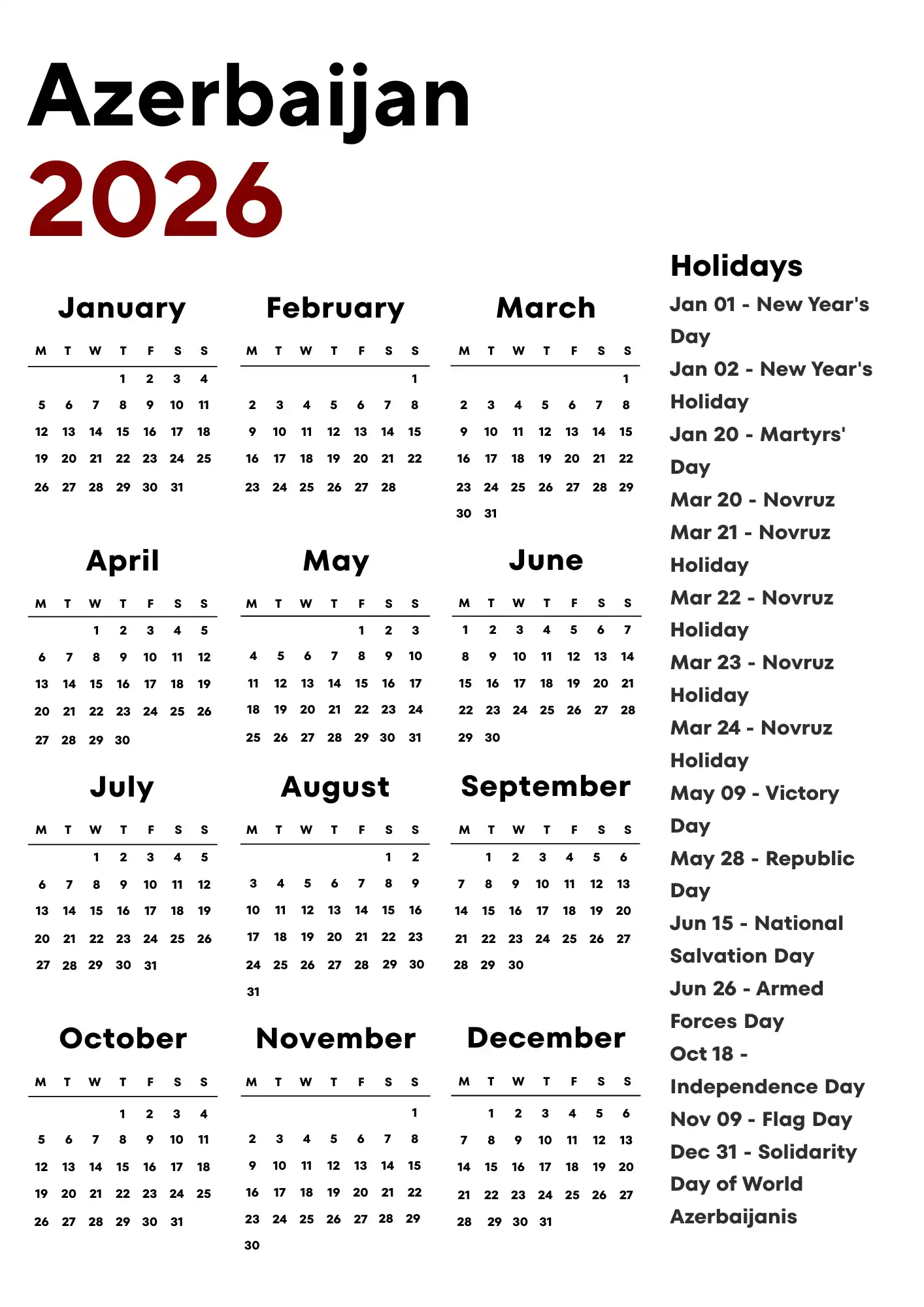 Azerbaijan Calendar 2026