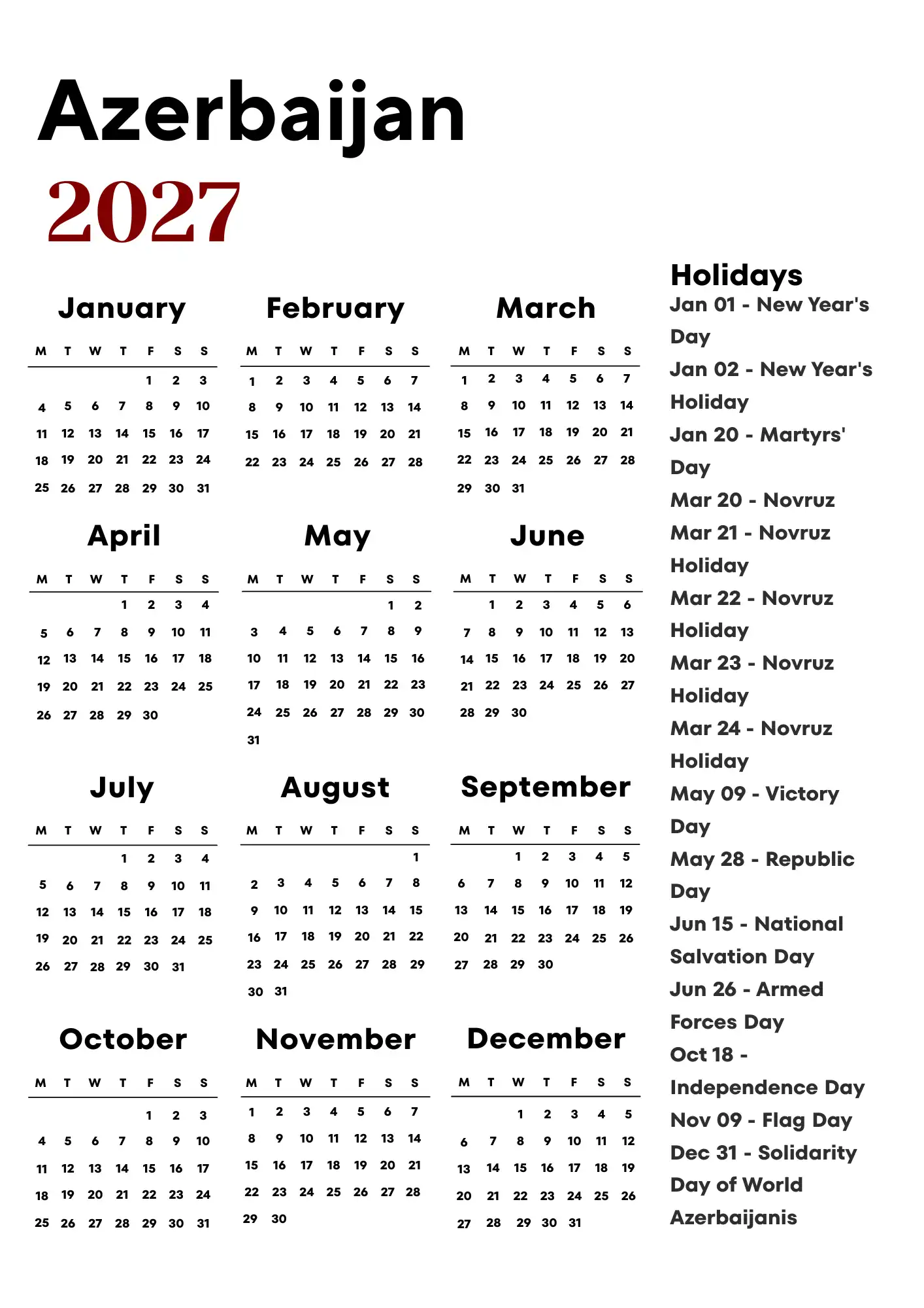 Azerbaijan Calendar 2027