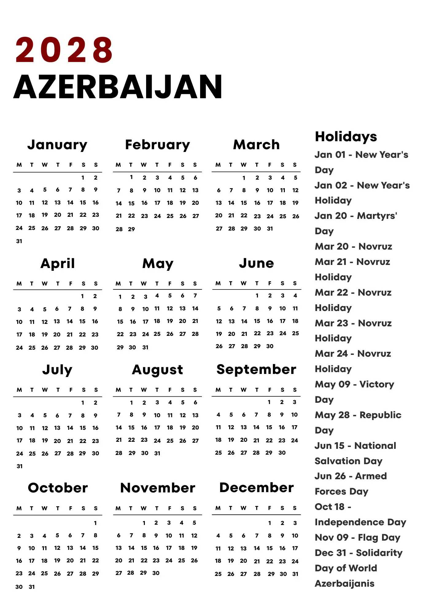 Azerbaijan Calendar 2028