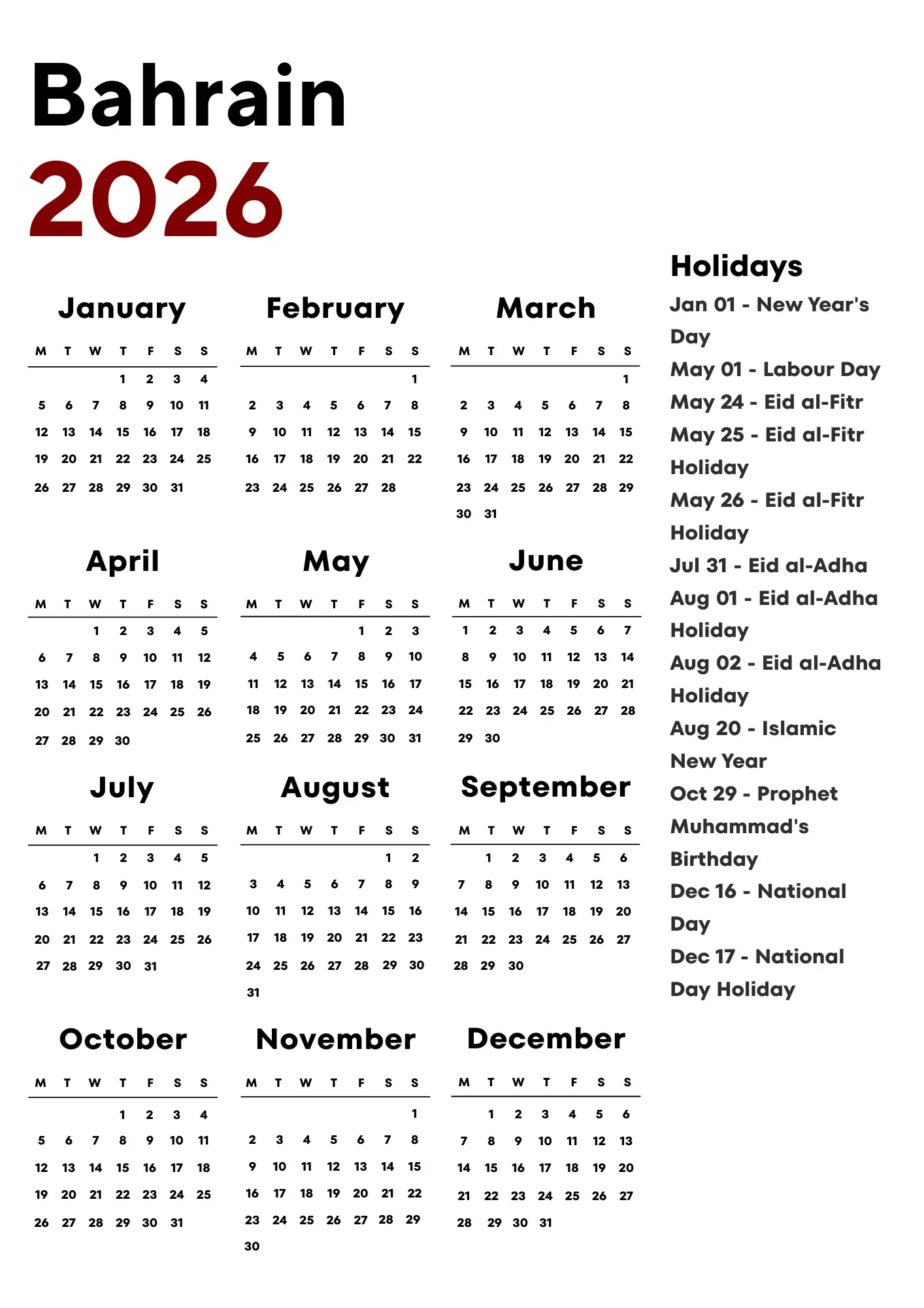 Bahrain Calendar 2026